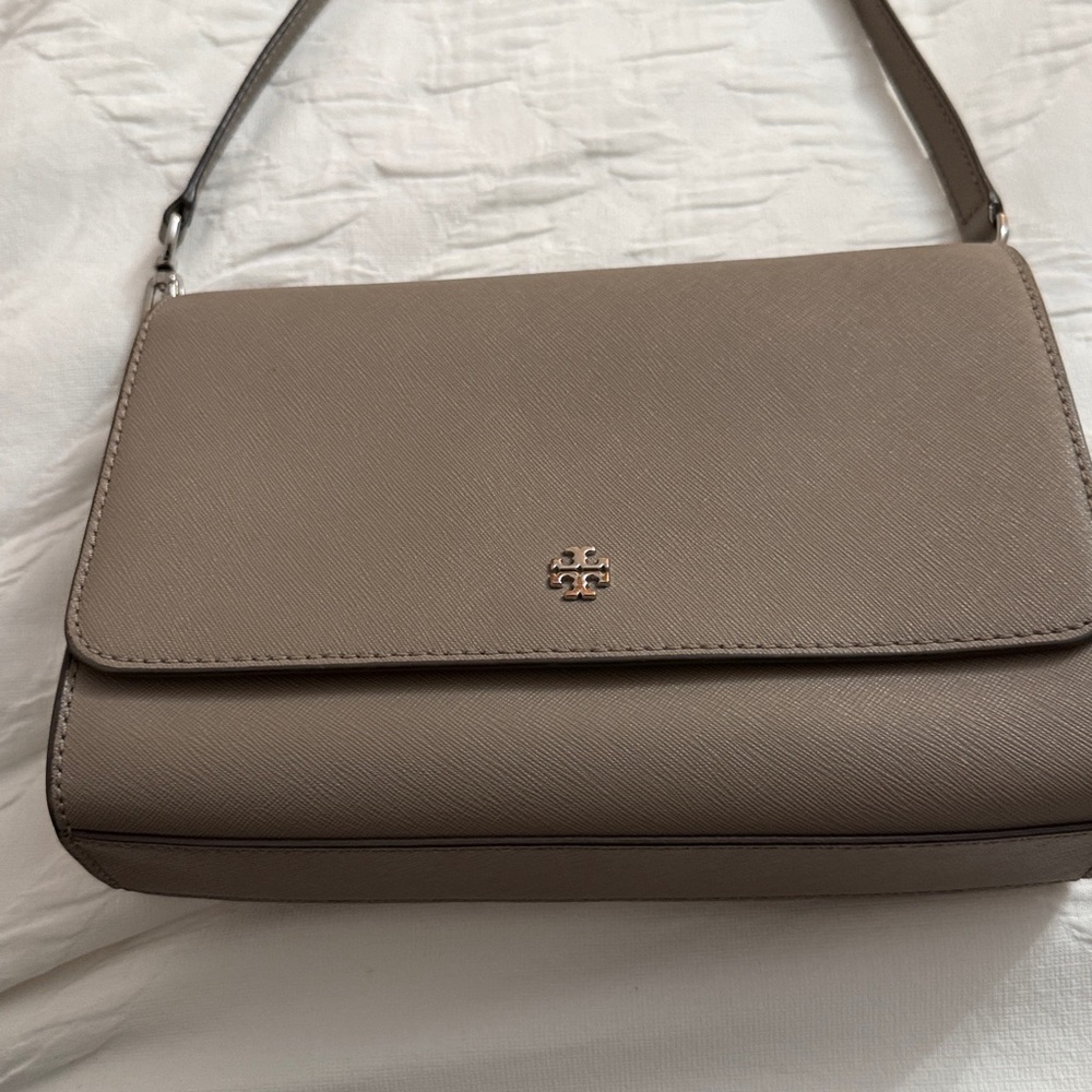 Tory Burch Emerson Saffiano Leather Crossbody,Gray Heron includes dust bag